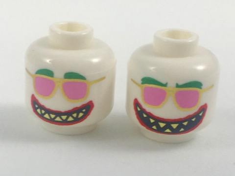 Minifigure, Head Dual Sided Alien Green Eyebrows, Gold Sunglasses with Pink Lenses, Pointed Teeth, Wide Mouth / Wide Open Mouth Pattern