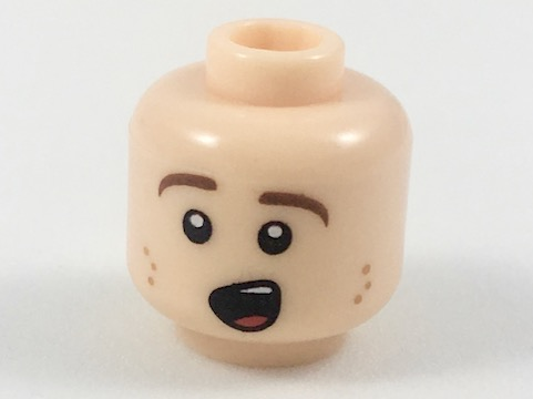 Minifigure, Head Reddish Brown Eyebrows, Dark Orange Freckles, Singing Pattern