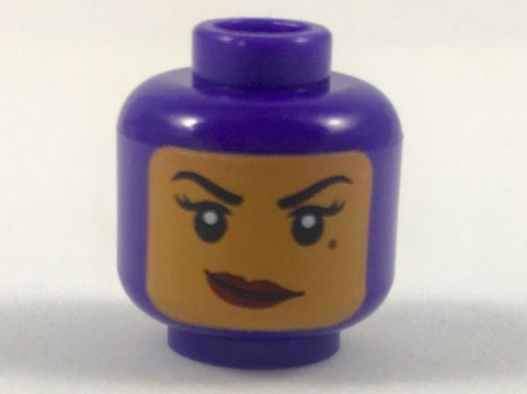 Minifigure, Head Female Balaclava with Medium Nougat Face, Black Eyebrows, Eyelashes, Beauty Mark, Dark Red Lips, Smirk Pattern