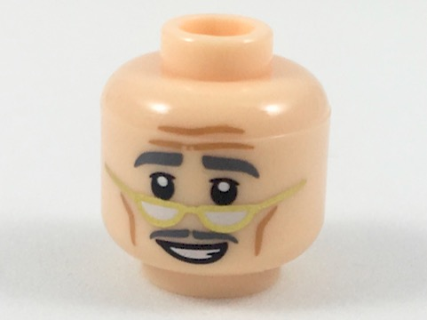 Minifigure, Head Forehead Lines, Dark Bluish Gray Eyebrows and Moustache, Gold Lowered Eyeglasses, Smiling Pattern