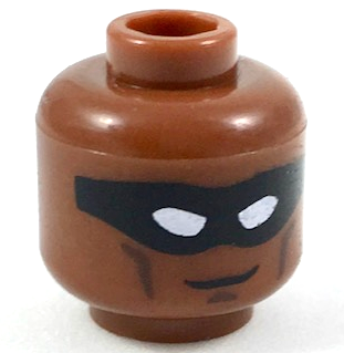 Minifigure, Head Black Mask with White Eye Holes, Dark Brown Cheek Lines and Chin Dimple, Slight Grin Pattern