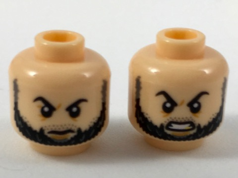Minifigure, Head Dual Sided Black Eyebrows and Beard, Firm / Angry Expression Pattern