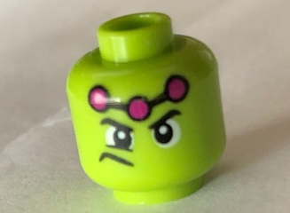 Minifigure, Head Male Wide Eyes, Frown to Side, Three Magenta Dots Pattern (Brainiac)