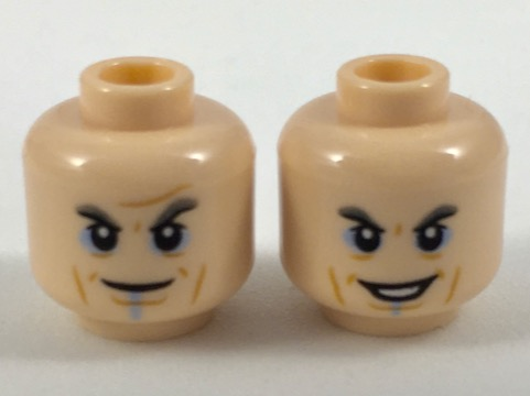 Minifigure, Head Dual Sided Dark Orange Brow and Cheek Lines, Light Blue Eye Shadow and Line Under Mouth, Smug / Smile Pattern