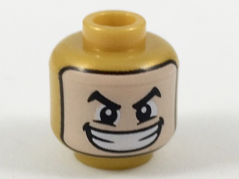 Minifigure, Head Balaclava with Light Nougat Face, Black Arched Eyebrows, Wide Smile with Teeth Pattern