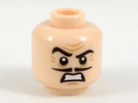 Minifigure, Head Dark Orange Furrowed Brown, Black Eyebrows and Pencil Moustache, Sneer Pattern