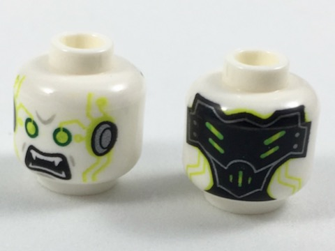 Minifigure, Head Alien Vampire with Lime Eyes and Circuitry, Cybernetic Implants, and Black Open Mouth with Fangs Pattern