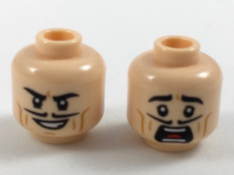 Minifigure, Head Dual Sided Black Eyebrows and Pencil Moustache, Dark Orange Cheek Lines, Smile / Scared Pattern