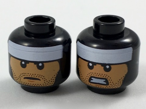 Minifigure, Head Dual Sided Balaclava, White Headband, Medium Nougat Face, Black Stubble, Neutral / Gritted Teeth Pattern