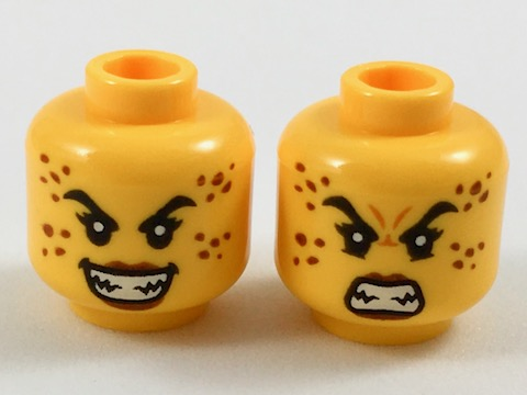 Minifigure, Head Dual Sided Alien Female Reddish Brown Cheetah Spots, Dark Red Lips, Sharp Teeth, Smile / Scowl Pattern