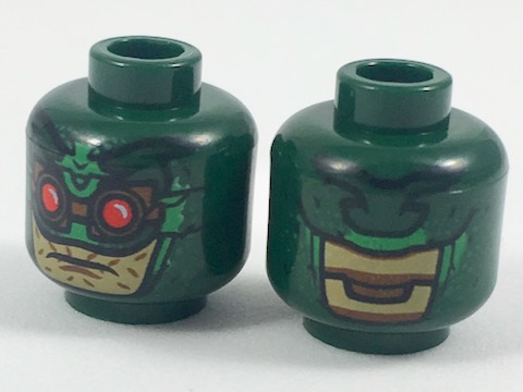 Minifigure, Head Alien Parademon Helmet with Green Markings, Reddish Brown Goggles with Red Lenses, Tan Skin Pattern