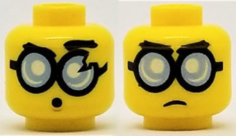 Minifigure, Head Dual Sided Glasses Round with Bright Light Blue Lenses and Black Frames, Frown / Surprised Pattern (Steve)