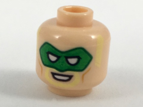 Minifigure, Head Male Green Eye Mask, Bright Light Yellow Sideburns and Goatee, Open Grin Pattern