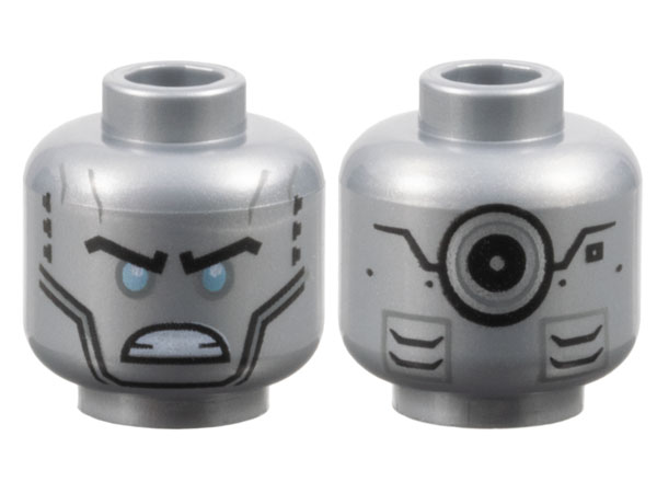 Minifigure, Head Alien Robot with Black Eyebrows, Metallic Light Blue Eyes, Cheek Lines, Angry Bared Teeth, Vents and Silver Circle on Back Pattern