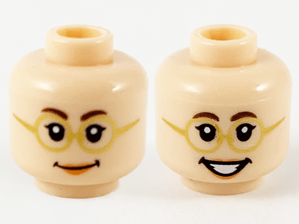 Minifigure, Head Dual Sided Female Glasses with Gold Frames, Peach Lips, Smiling / Smiling with Teeth Pattern