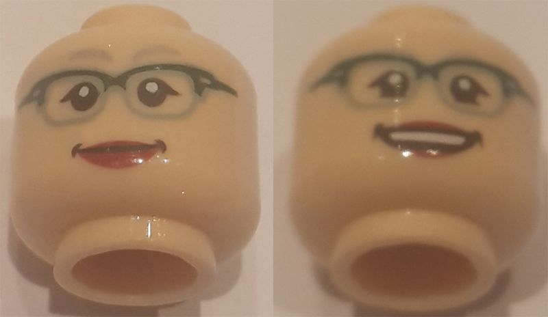 Minifigure, Head Dual Sided Female Glasses with Dark Green Frames, Red Lips, Smiling / Smiling with Teeth Pattern