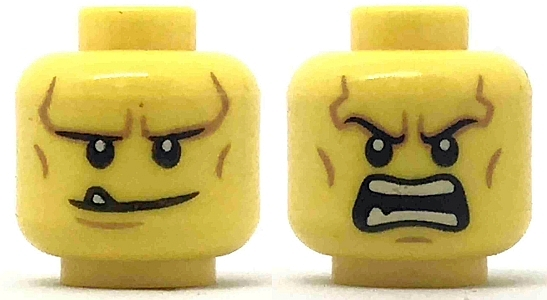 Minifigure, Head Dual Sided Black Eyebrows, White Pupils, Chin Dimple and Cheek Lines, Smile with Tooth / Open Mouth Angry Pattern
