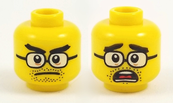 Minifigure, Head Dual Sided Thick Black Eyebrows and Stubble, Brown Glasses, Stern / Mouth Open Alarmed Pattern
