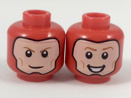 Minifigure, Head Dual Sided Balaclava with Light Nougat Face, Dark Orange Eyebrows, Grin / Broad Smile with Teeth Pattern