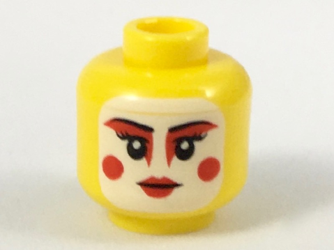 Minifigure, Head Female White Painted Face, Red Eye Makeup, Cheek Circles, and Lips Pattern