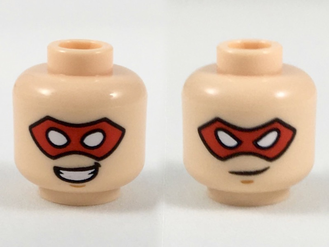 Minifigure, Head Dual Sided Red Eye Mask, White Eyes, Smile with Teeth / Lopsided Grin Pattern (Robin)
