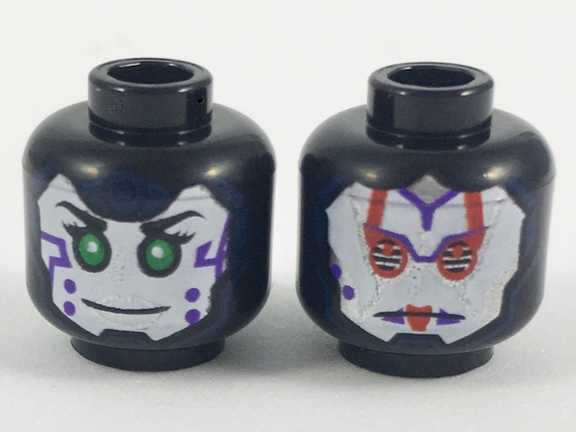 Minifigure, Head Dual Sided Alien Female with White Face, Green Eyes and Purple Marks on Cheek / Red and Silver Armor Pattern