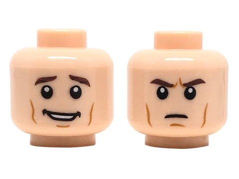Minifigure, Head Dual Sided Dark Brown Eyebrows, Cheek Lines, Open Smile/Frown Pattern