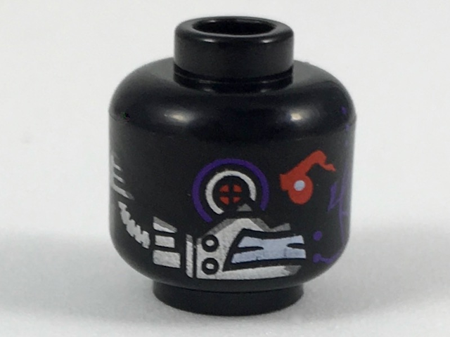 Minifigure, Head Alien with Mechanical Right Eye Red and Purple, Silver Plates, and Dark Purple Circuitry on Left Cheek Pattern