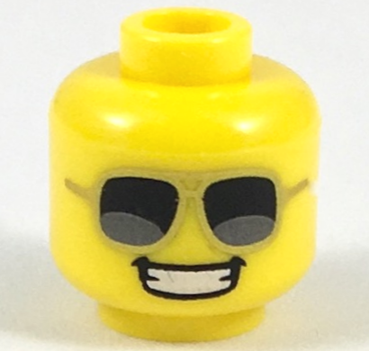 Minifigure, Head Gold Sunglasses with Black Lenses with Dark Silver Reflections, Open Mouth Smile with Teeth Pattern