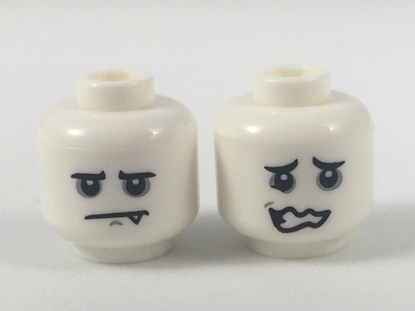 Minifigure, Head Dual Sided Alien Gray Around Eyes, Sad with Fang / Scared Expression Pattern