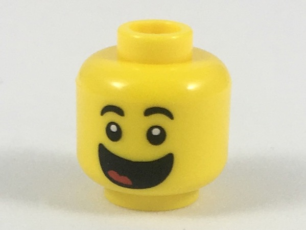 Minifigure, Head Black Eyebrows, Large Open Mouth Smile with Red Tongue Pattern