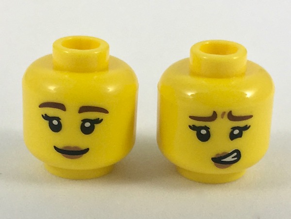 Minifigure, Head Dual Sided Female, Reddish Brown Eyebrows, Dark Tan Lips, Smile / Worried Pattern