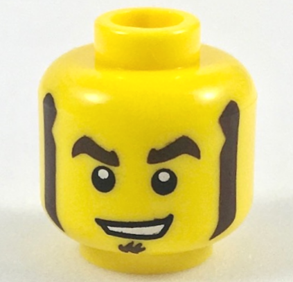 Minifigure, Head Dark Brown Thick Eyebrows, Mutton Chops and Soul Patch, Lopsided Open Mouth Smile with Teeth Pattern