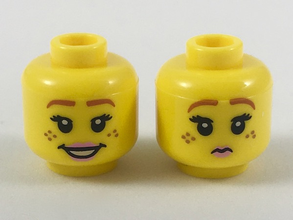 Minifigure, Head Dual Sided Female Dark Orange Eyebrows, Freckles, Pink Lips, Smile / Pursed Lips Pattern