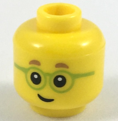 Minifigure, Head Child Medium Nougat Small Eyebrows, Lime Round Glasses, Lopsided Grin Pattern