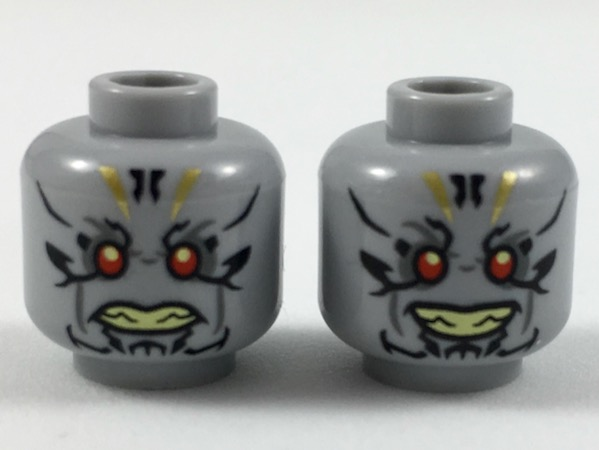 Minifigure, Head Dual Sided Alien with Red Eyes, Gold and Black Tattoos, Neutral / Faint Smile Pattern