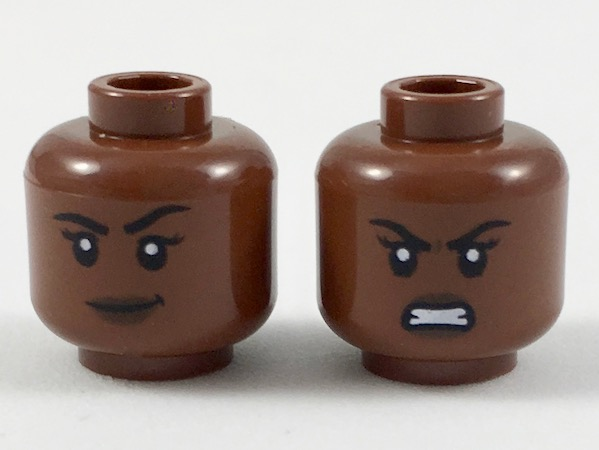 Minifigure, Head Dual Sided Female, Black Eyebrows, Dark Brown Lips, Lopsided Grin / Gritted Teeth Pattern