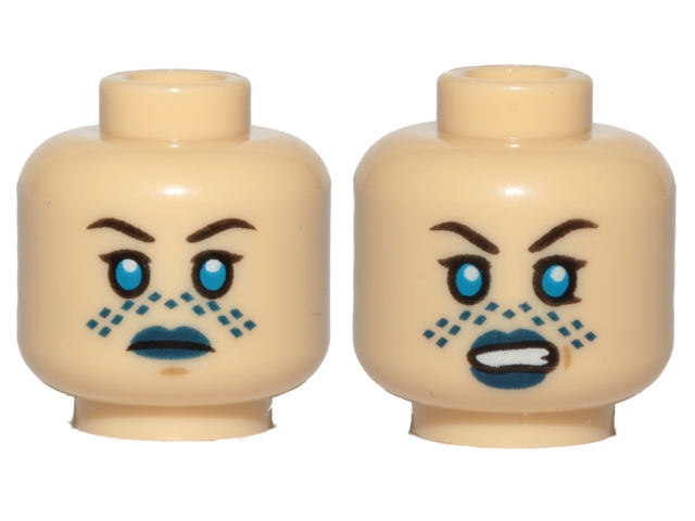 Minifigure, Head Dual Sided Female, Dark Blue Lips, Blue Tattoo, Neutral / Angry Pattern (SW Barriss Offee)