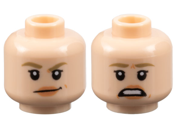 Minifigure, Head Dual Sided Female Dark Tan Eyebrows, Small Black Eyelashes, Nougat Lips, Smirk / Scared Pattern