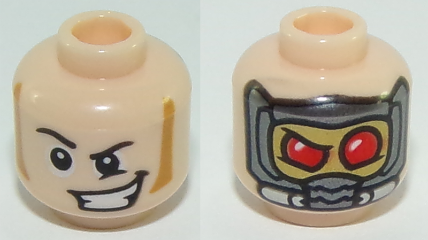 Minifigure, Head Dual Sided Black Eyebrows, Sideburns, Open Mouth Smile / Mask with Red Eyes Pattern (Star Lord)