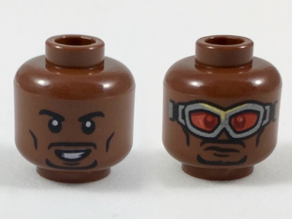 Minifigure, Head Dual Sided Black Eyebrows and Goatee, Smile / Silver Goggles with Red Lenses Pattern