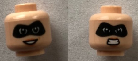 Minifigure, Head Dual Sided Female Black Mask, Open Smile / Angry Pattern (Mrs. Incredible)