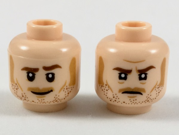 Minifigure, Head Dual Sided Reddish Brown Eyebrows and Stubble, Medium Nougat Sideburns, Moustache, Cheek Lines, and Chin Dimple, Grin / Determined Pattern