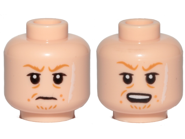 Minifigure, Head Dual Sided Orange Eyebrows, Facial Hairs, Long White Scar on Left Side, Frown / Open Mouth Pattern (SW Rebolt)