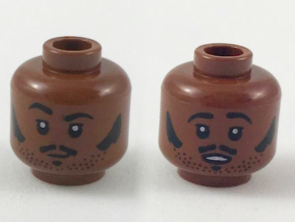 Minifigure, Head Dual Sided Black Eyebrows, Mutton Chops, Pencil Moustache, Stubble, Raised Eyebrow / Surprised Expression Pattern