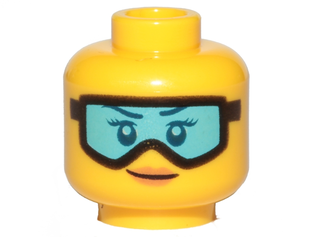 Minifigure, Head Female Dark Blue Eyebrows, Eyelashes, and Eyes, Black Ski Goggles with Medium Azure Lens, Nougat Lips, Grin Pattern