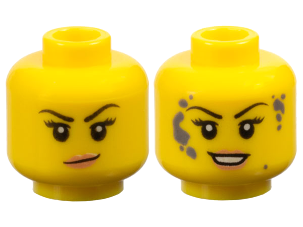 Minifigure, Head Dual Sided Female Black Eyebrows, Eyelashes, Nougat Lips, Smirk / Dark Bluish Gray Splotches and Open Mouth Smile with Teeth Pattern