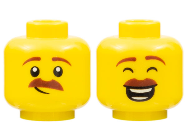Minifigure, Head Dual Sided Reddish Brown Eyebrows and Moustache, Lopsided Grin / Closed Eyes, Open Mouth Smile with Teeth Parted Pattern