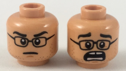 Minifigure, Head Dual Sided Black Glasses, Black Eyebrows, Neutral / Scared with Gap in Teeth Pattern