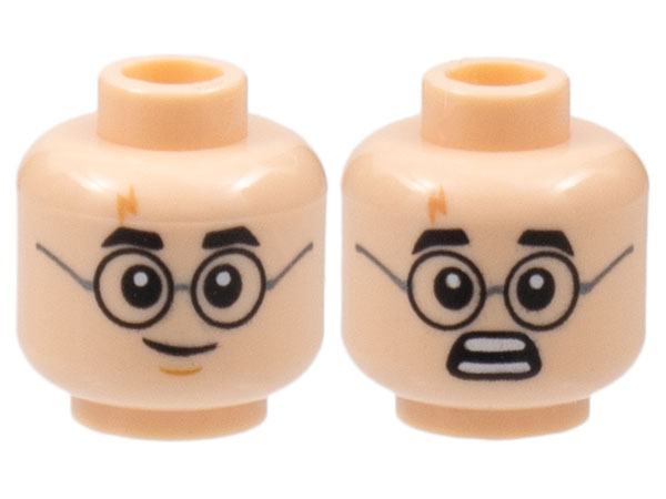 Minifigure, Head Dual Sided Black Thick Eyebrows, Round Glasses with Dark Silver Temples, Nougat Lightning Bolt Scar, Lopsided Grin with Medium Nougat Chin Dimple / Scared Open Mouth with Teeth Parted Pattern